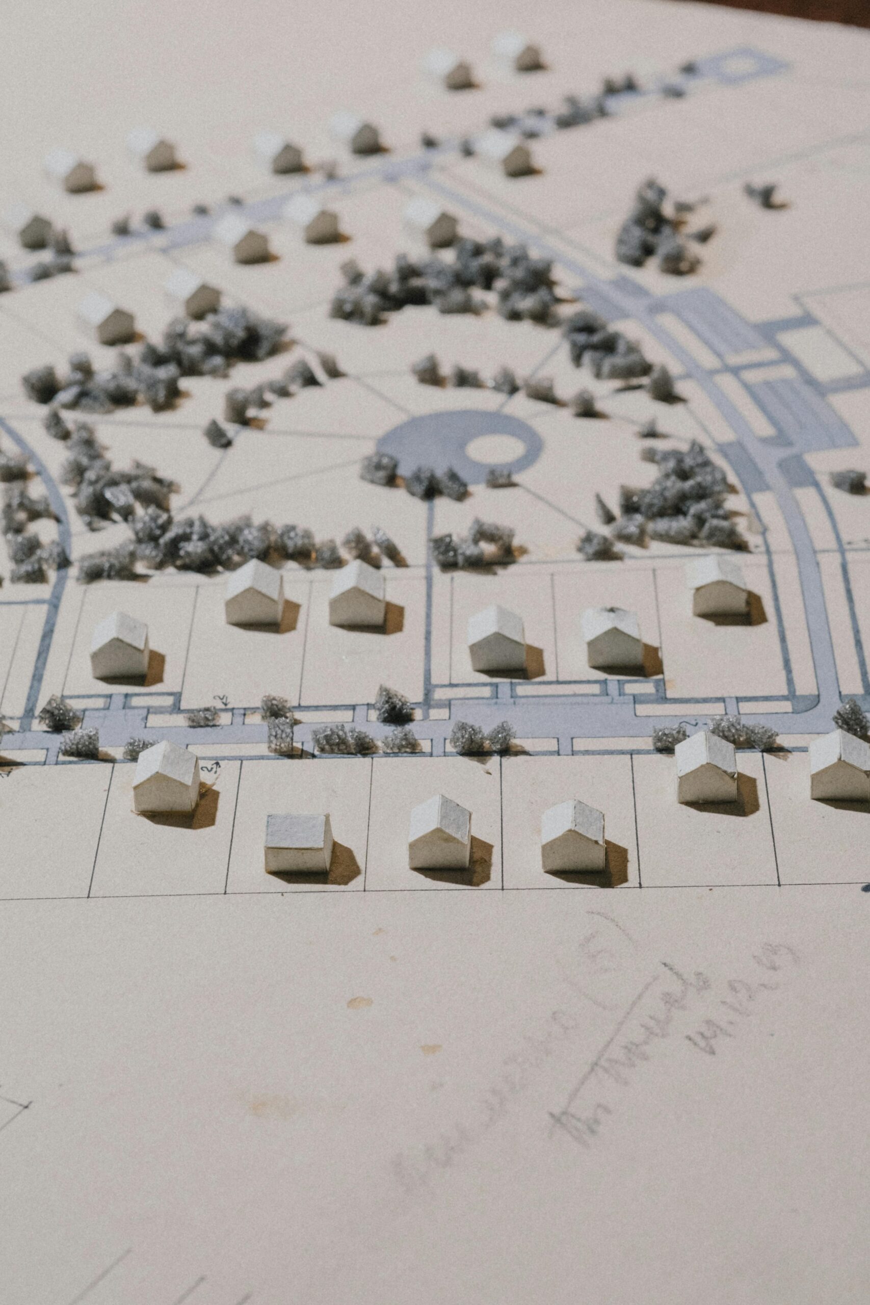 Detailed cardboard architectural model depicting houses, roads, and greenery.